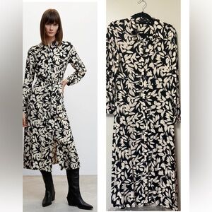 Mango Elegant Black and White Leaf Print belted long sleeve midi shirt Dress